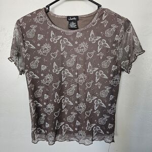 Justify Large Mesh Brown Crop Top White Print Butterfly Heart Rose Tattoo Y2K